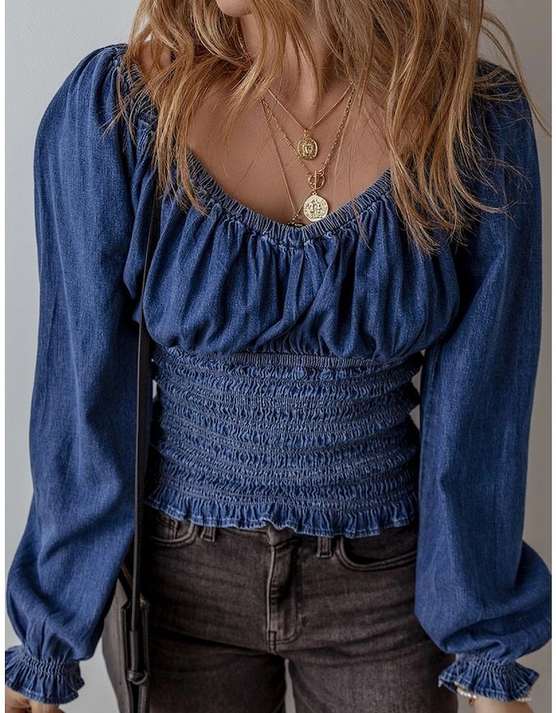 Dark Blue Smocked Ruffled Puff Sleeve V Neck Denim Blouse