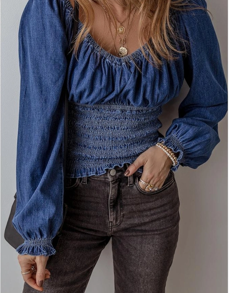 Dark Blue Smocked Ruffled Puff Sleeve V Neck Denim Blouse