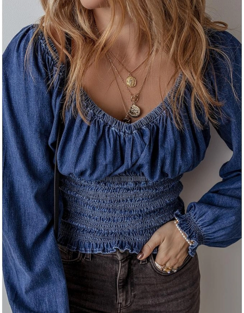 Dark Blue Smocked Ruffled Puff Sleeve V Neck Denim Blouse