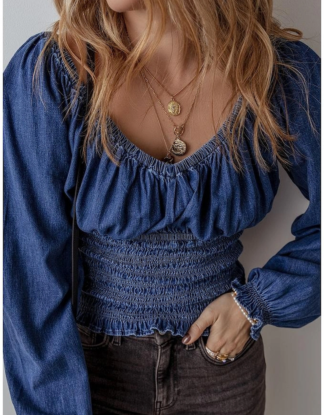 Dark Blue Smocked Ruffled Puff Sleeve V Neck Denim Blouse