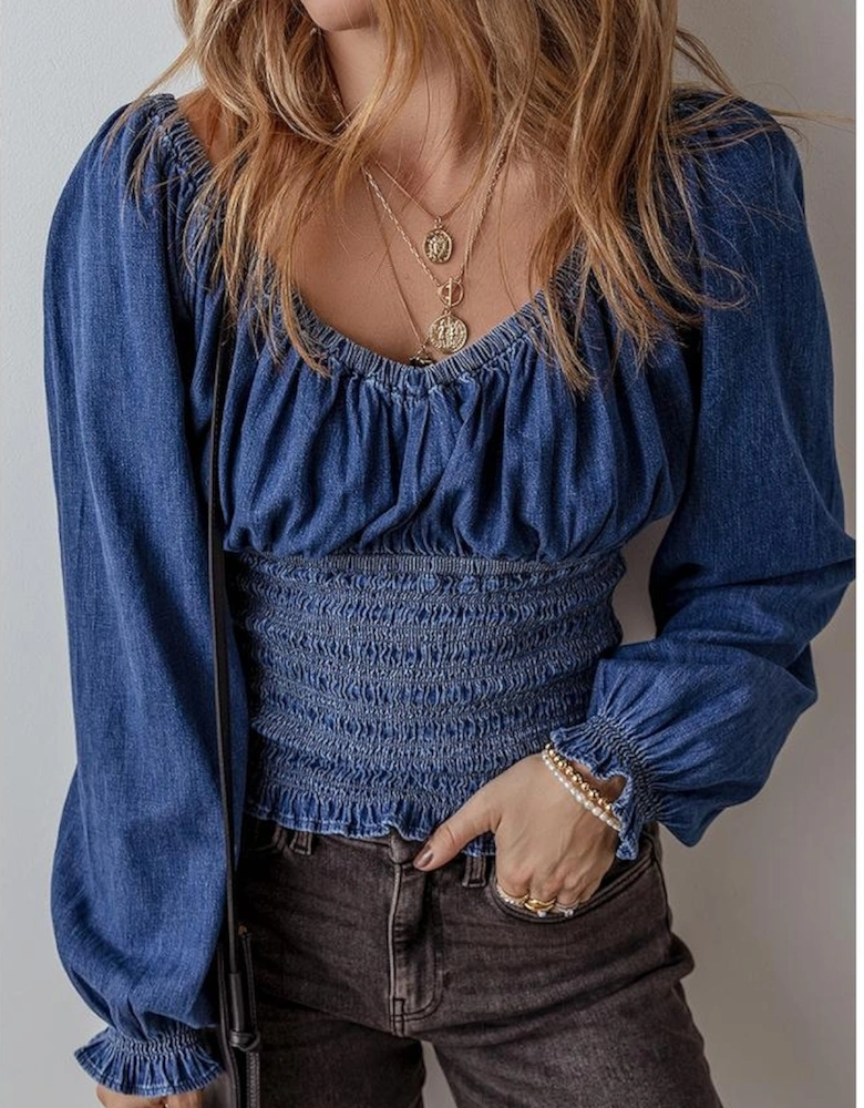 Dark Blue Smocked Ruffled Puff Sleeve V Neck Denim Blouse
