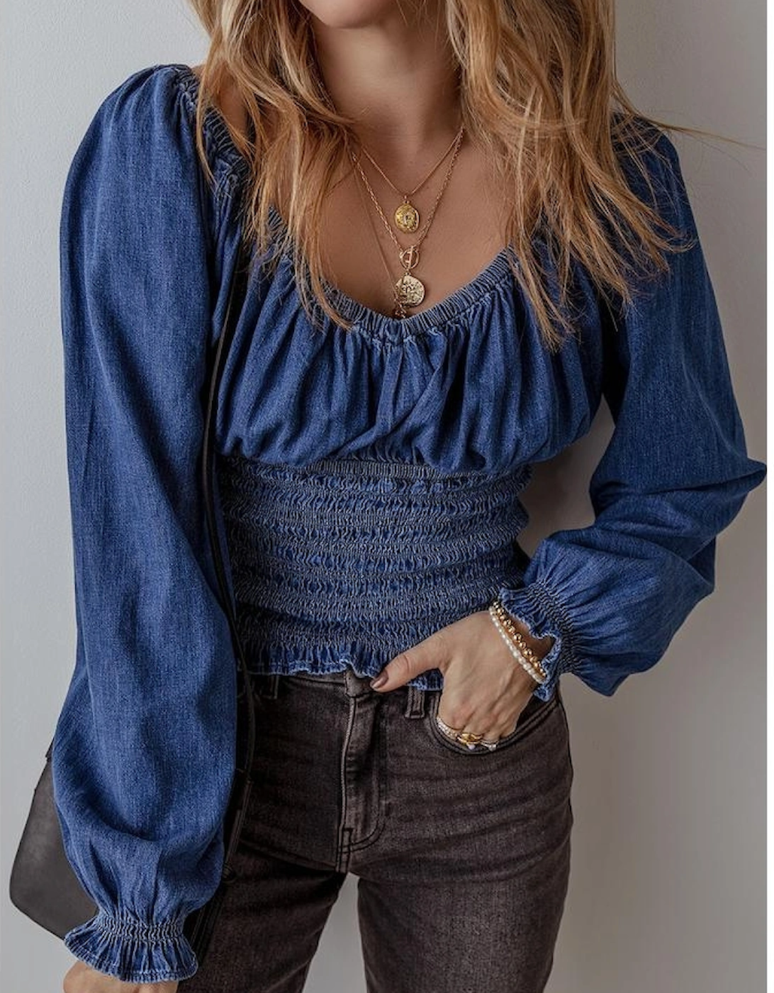 Dark Blue Smocked Ruffled Puff Sleeve V Neck Denim Blouse