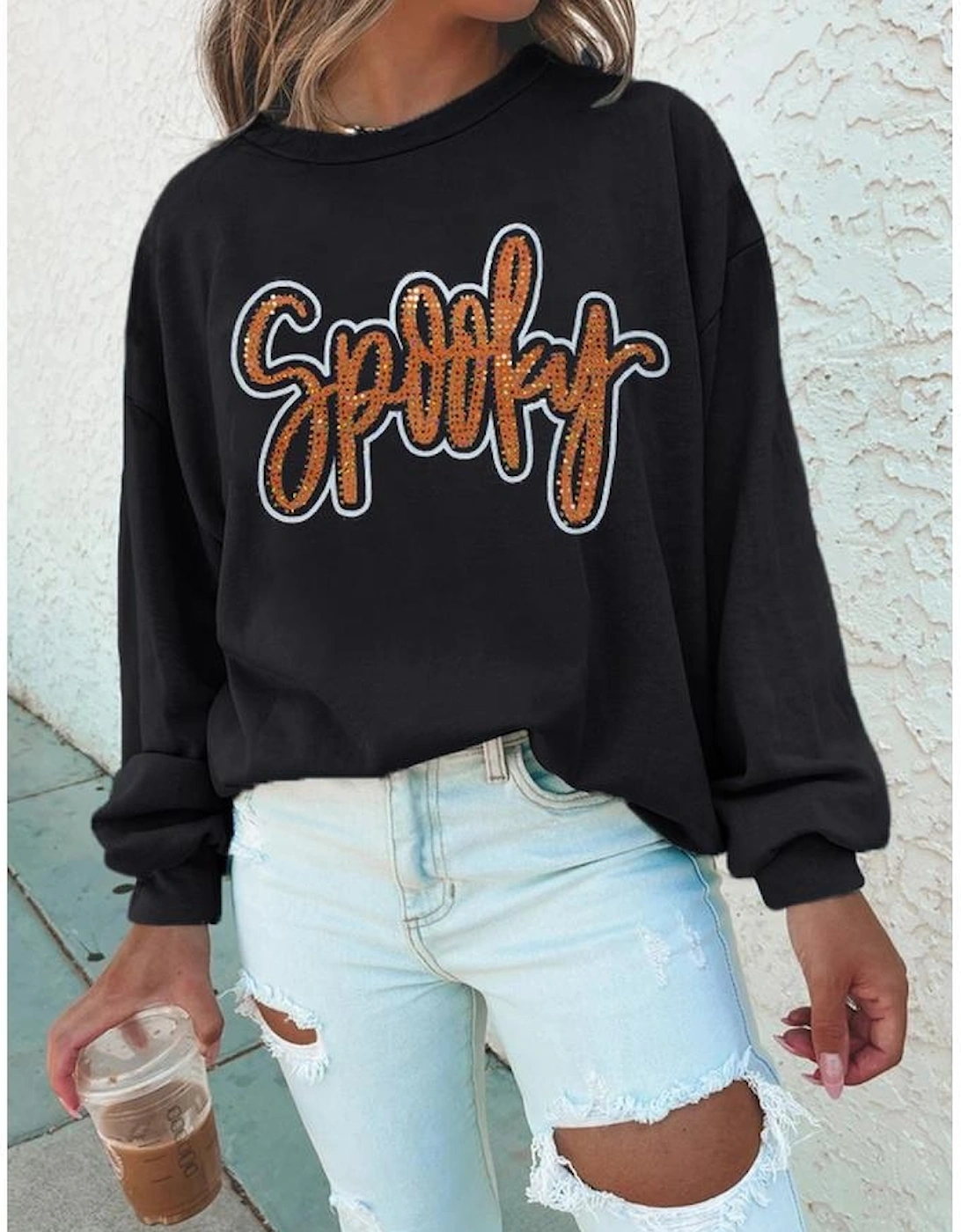 Black Spooky Rhinestone Drop Shoulder Graphic Sweatshirt