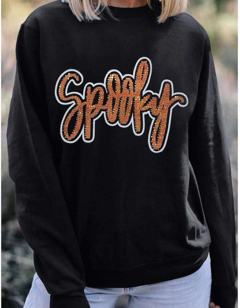 Black Spooky Rhinestone Drop Shoulder Graphic Sweatshirt