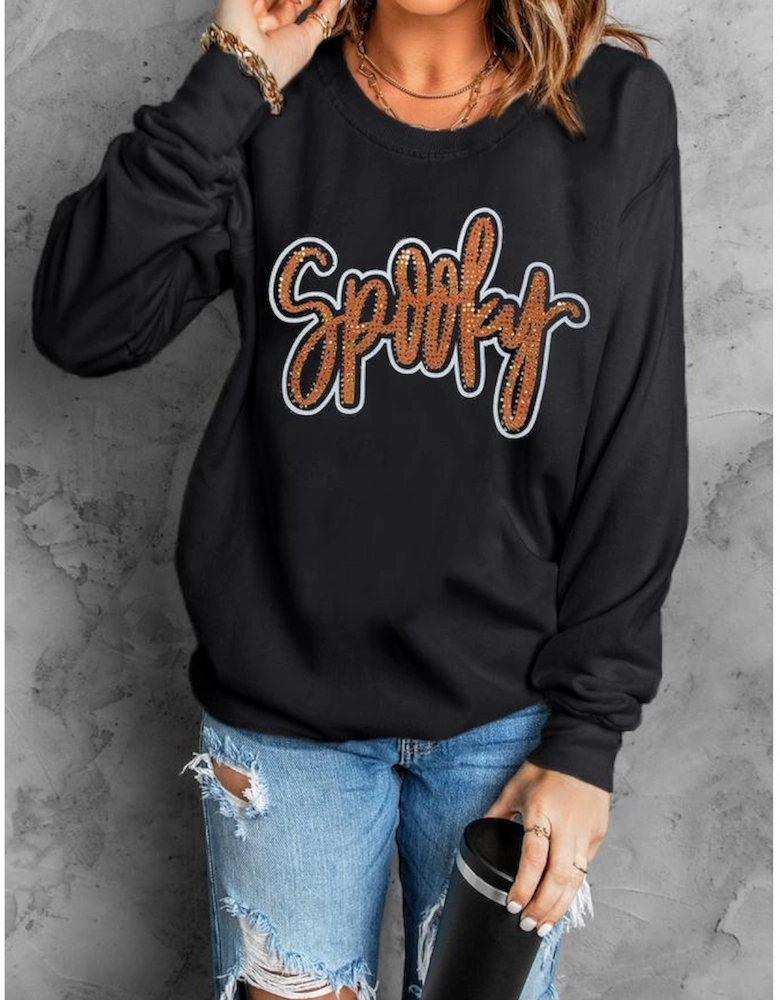 Black Spooky Rhinestone Drop Shoulder Graphic Sweatshirt