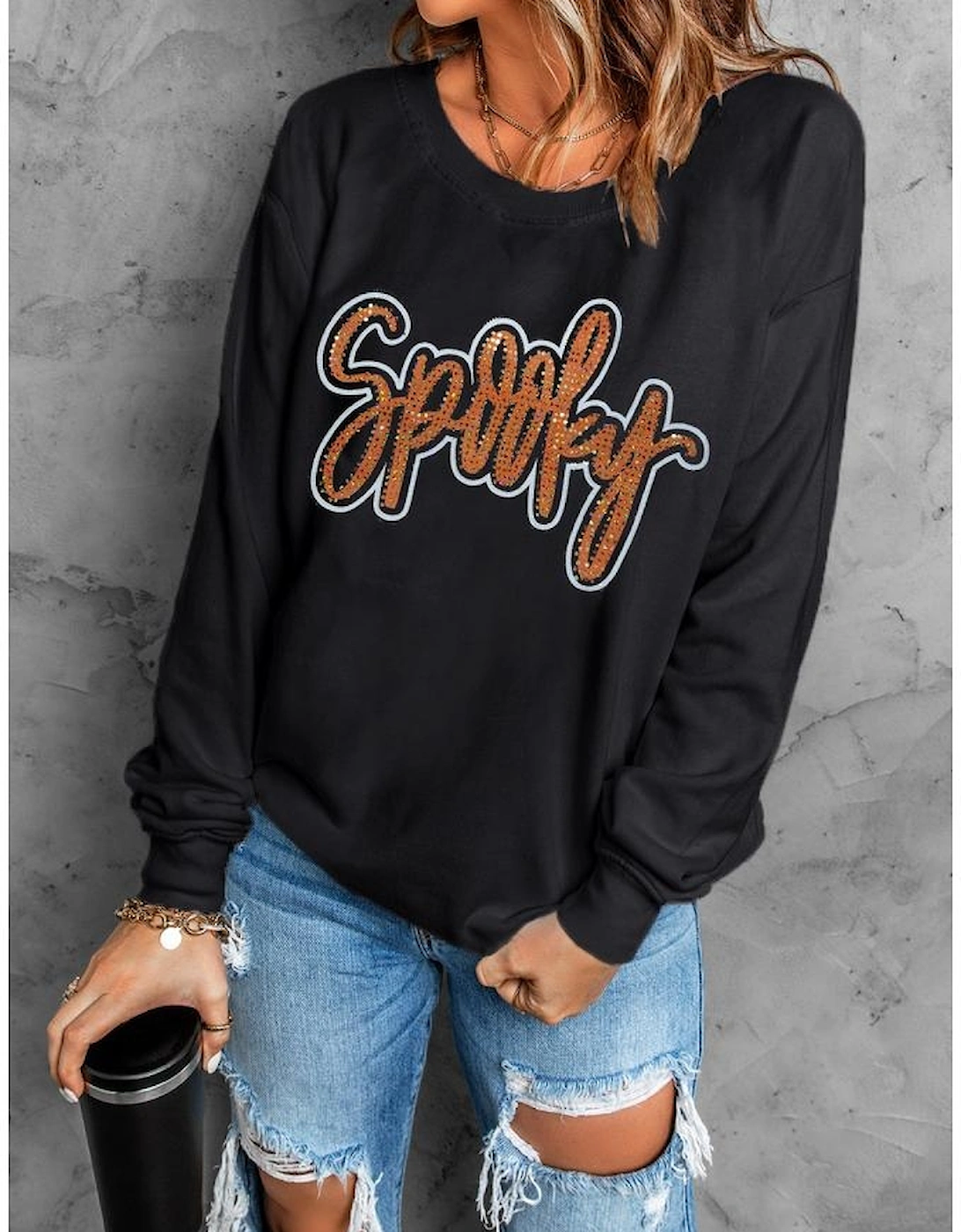 Black Spooky Rhinestone Drop Shoulder Graphic Sweatshirt