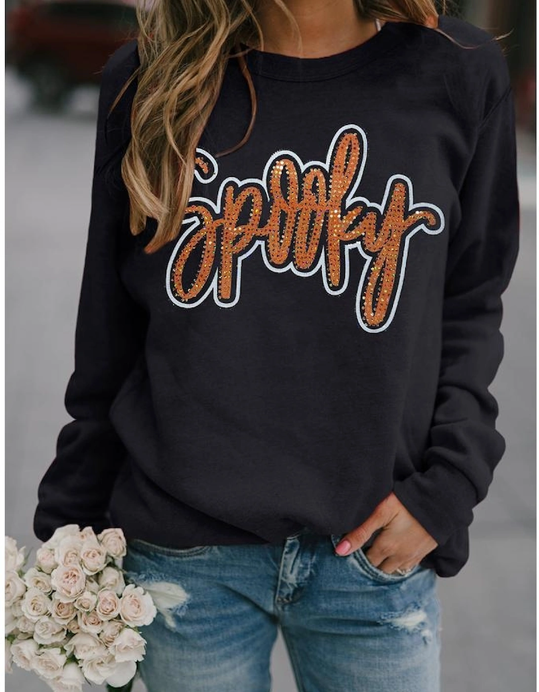 Black Spooky Rhinestone Drop Shoulder Graphic Sweatshirt