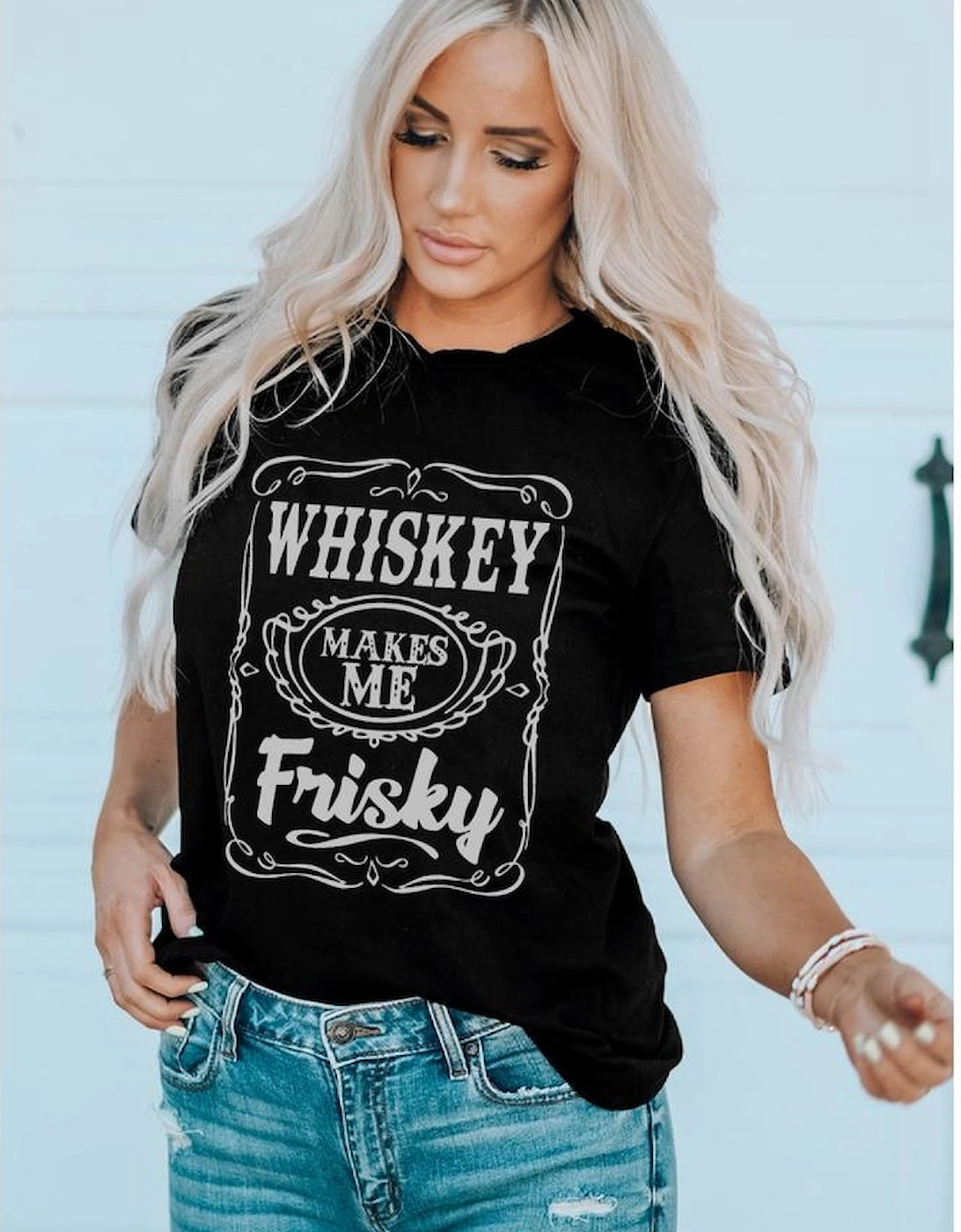 Black WHISKEY Makes Me Frisky Print Graphic Tee
