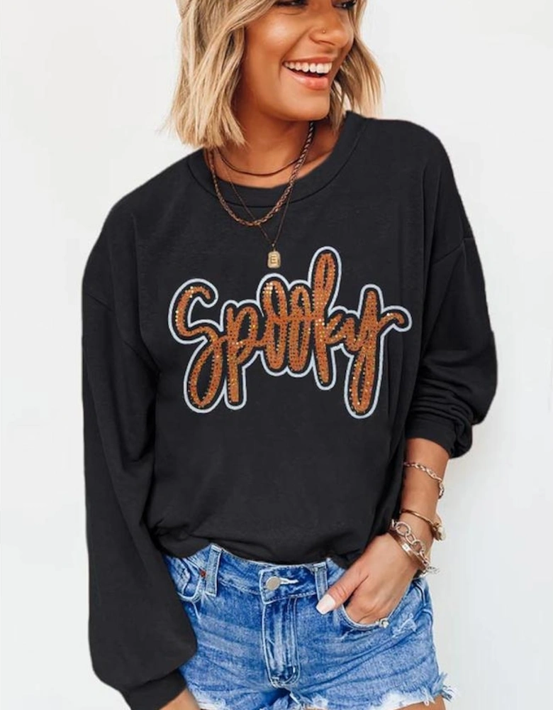 Black Spooky Rhinestone Drop Shoulder Graphic Sweatshirt