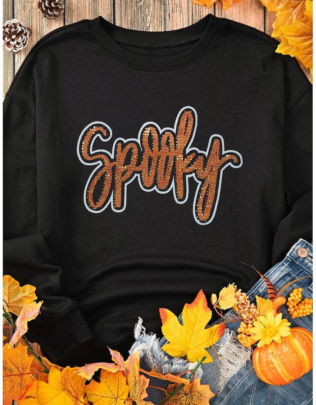 Black Spooky Rhinestone Drop Shoulder Graphic Sweatshirt