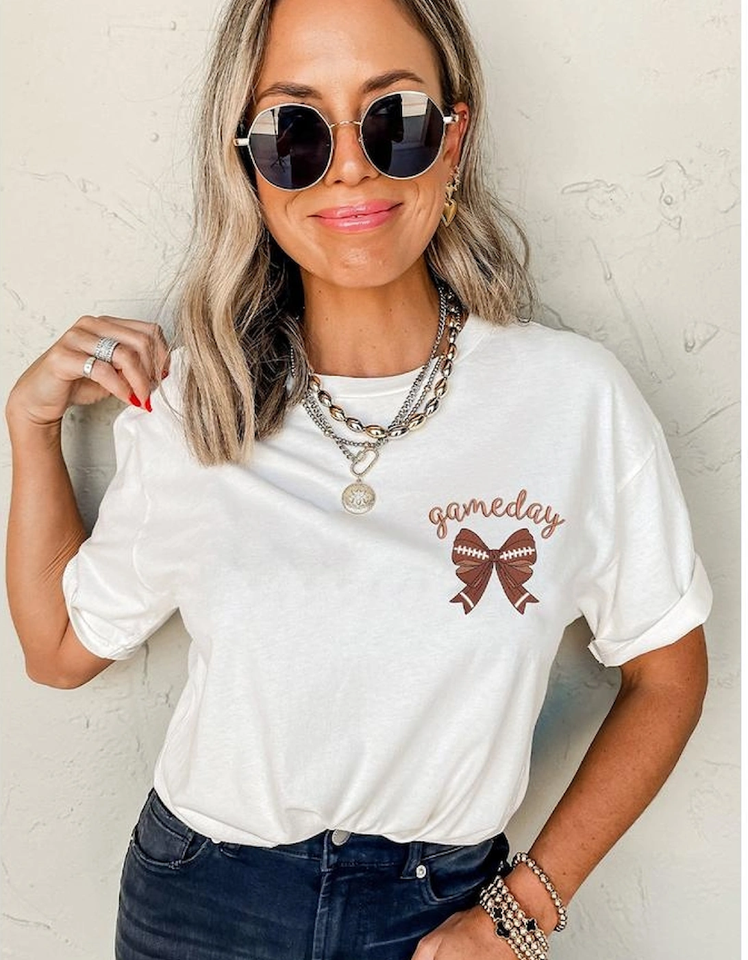 White Game Day Bowknot Embroidered Graphic Casual Tee