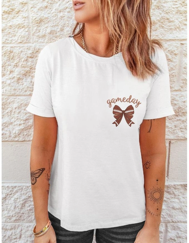 White Game Day Bowknot Embroidered Graphic Casual Tee