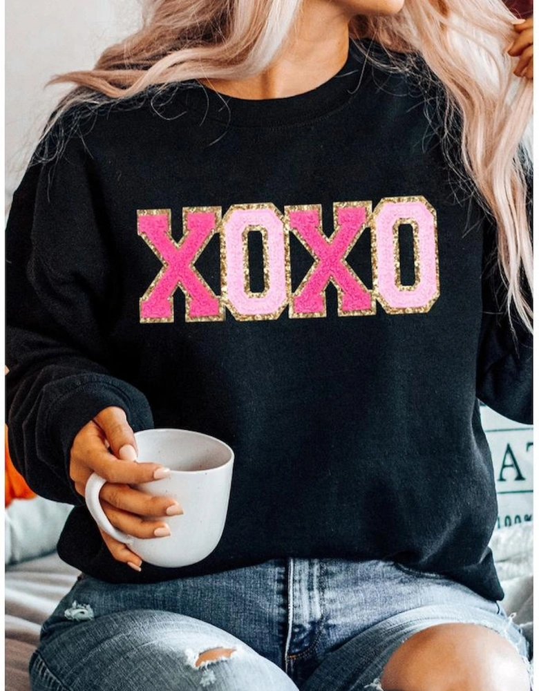 Black Chenille XOXO Patched Drop Shoulder Valentines Pullover Sweatshirt