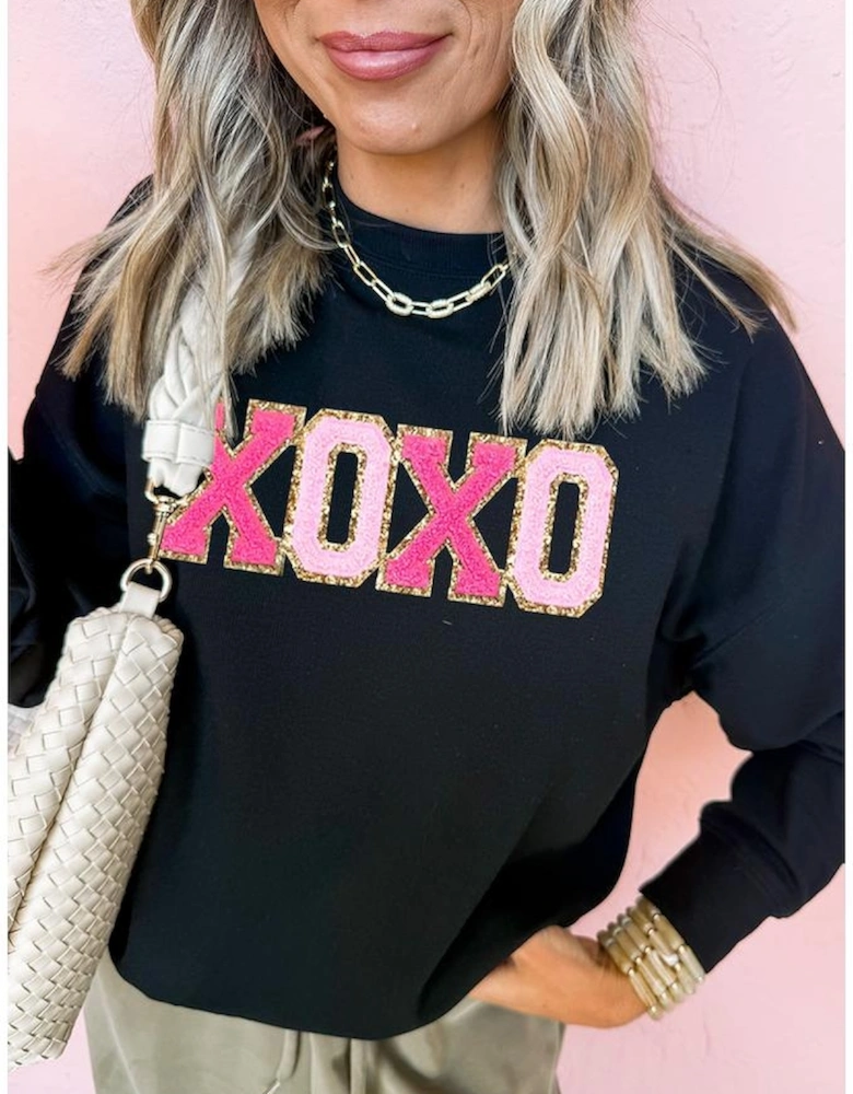Black Chenille XOXO Patched Drop Shoulder Valentines Pullover Sweatshirt