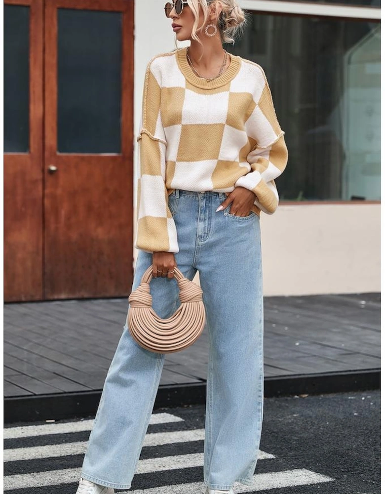 Khaki Checkered Bishop Sleeve Sweater