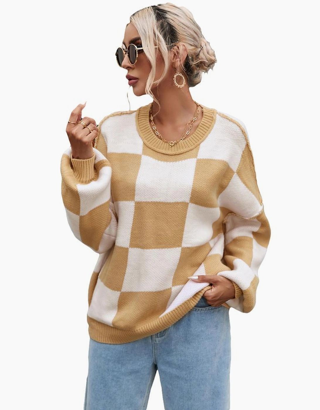 Khaki Checkered Bishop Sleeve Sweater