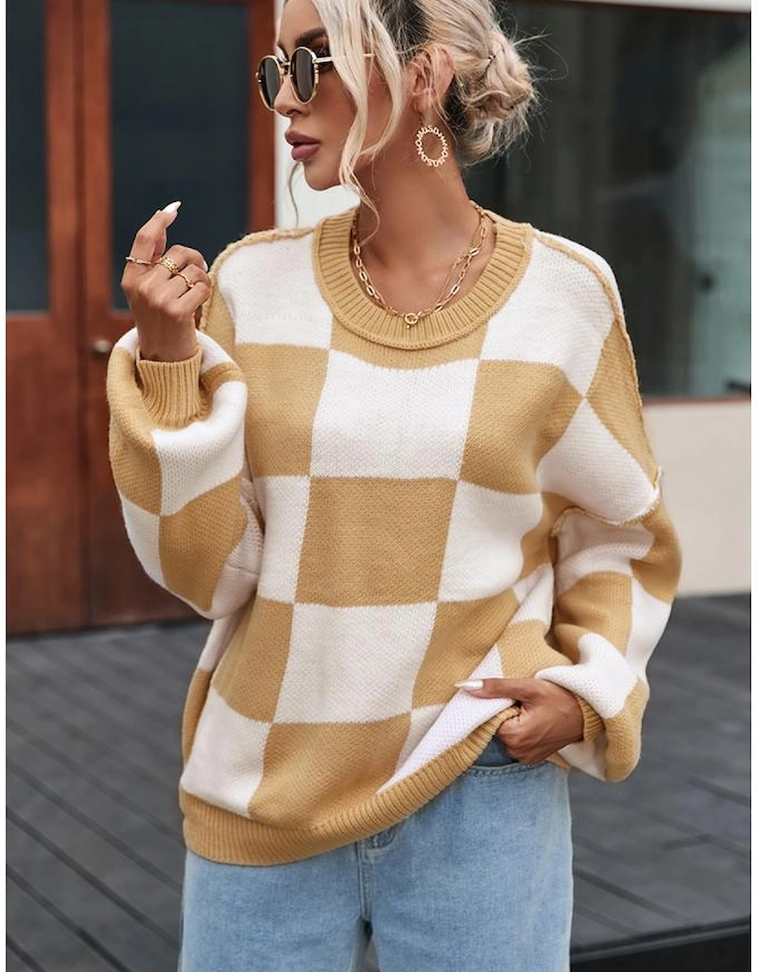 Khaki Checkered Bishop Sleeve Sweater