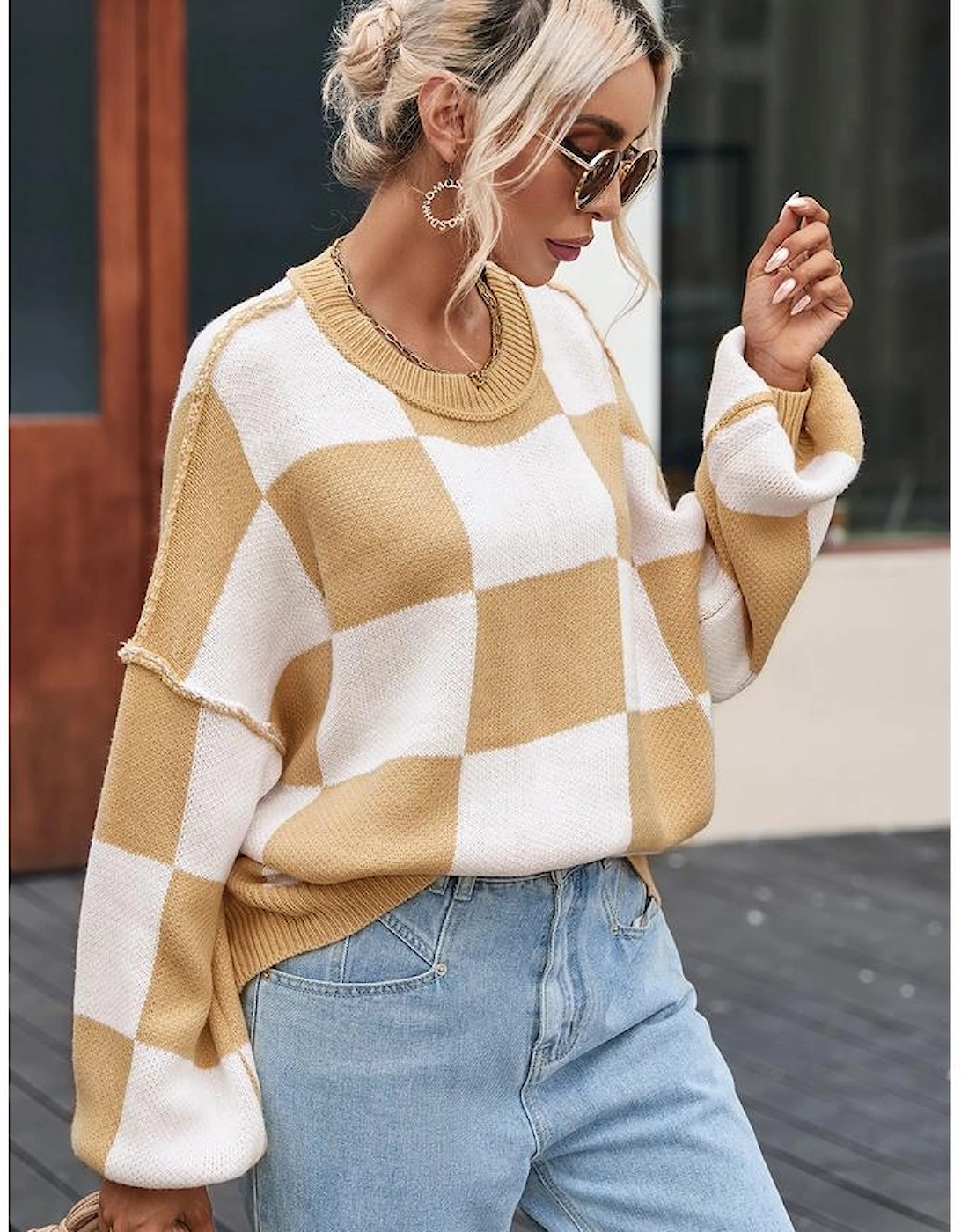 Khaki Checkered Bishop Sleeve Sweater