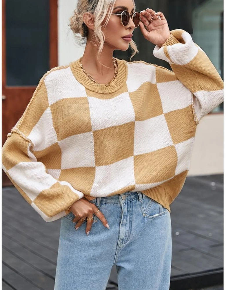 Khaki Checkered Bishop Sleeve Sweater