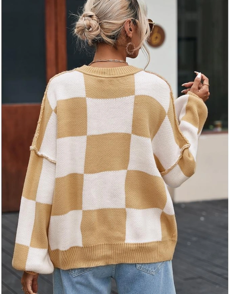 Khaki Checkered Bishop Sleeve Sweater