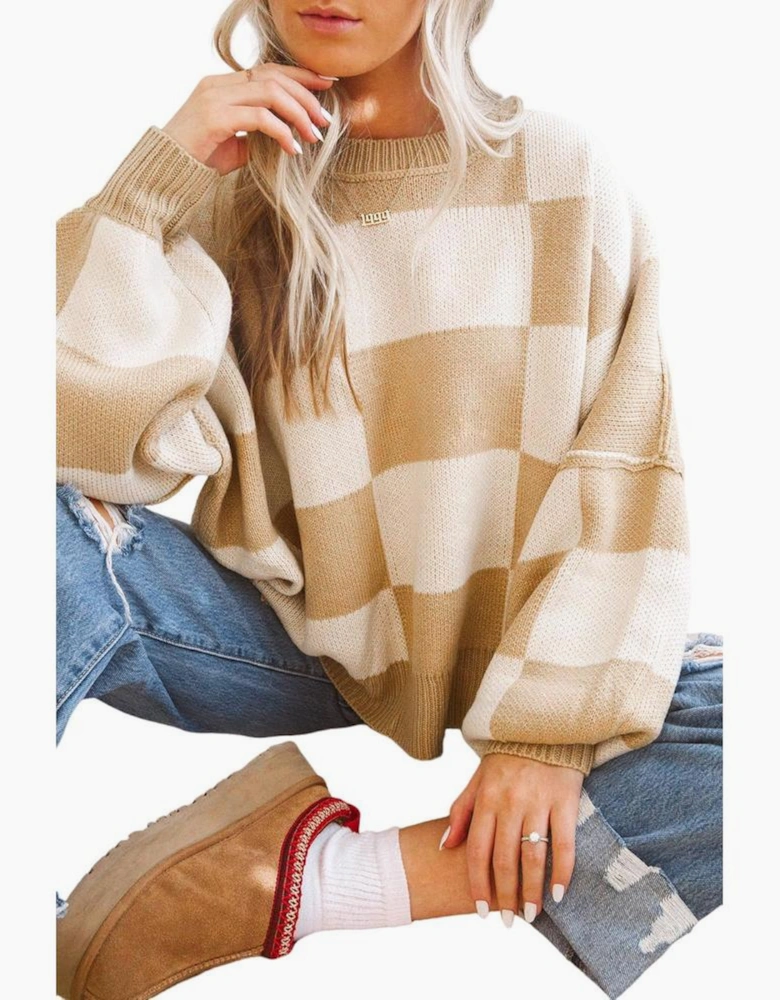 Khaki Checkered Bishop Sleeve Sweater