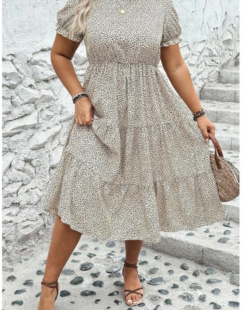Beige Plus Size Leopard Print Frill Trim Short Sleeve Flared Dress