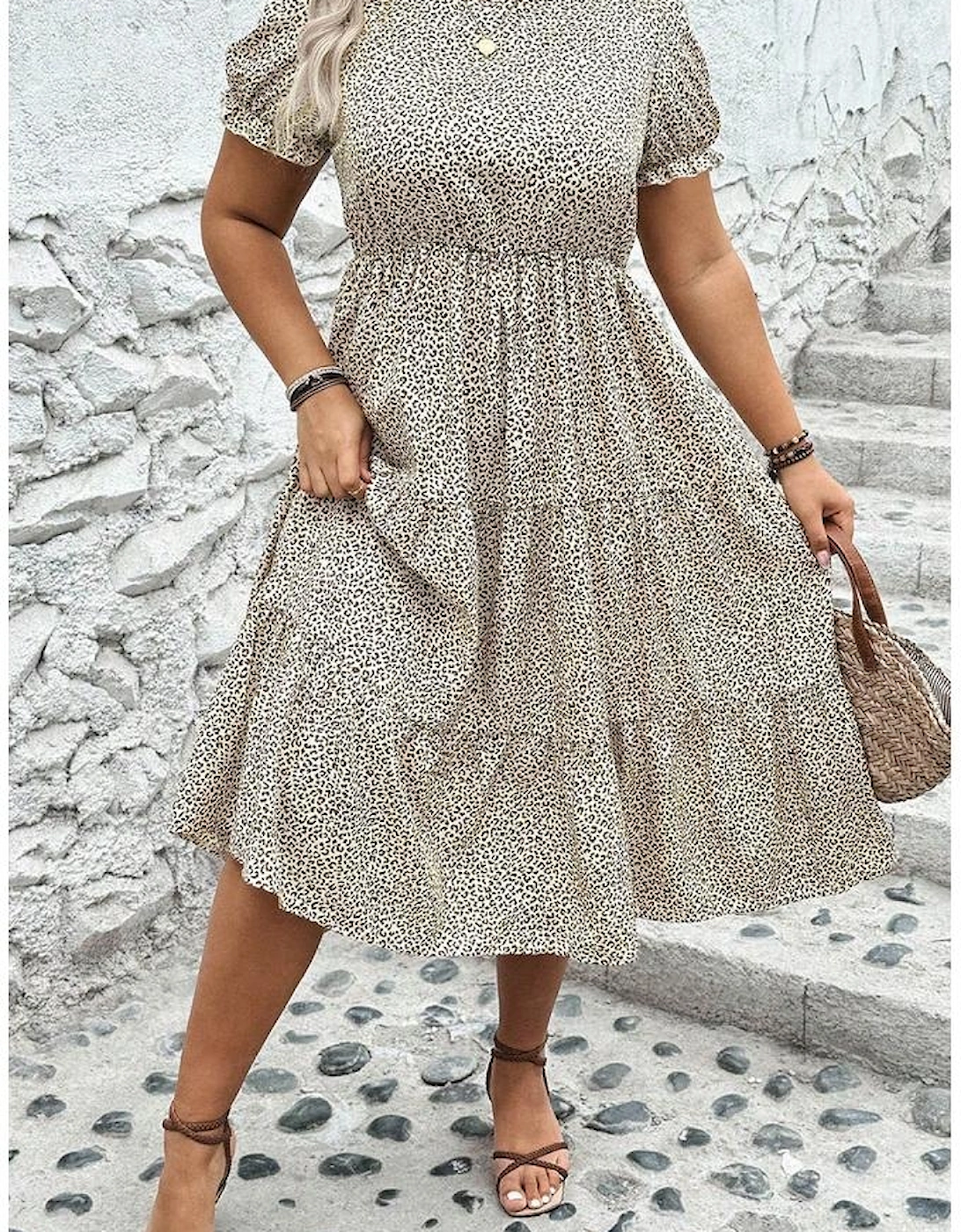 Beige Plus Size Leopard Print Frill Trim Short Sleeve Flared Dress