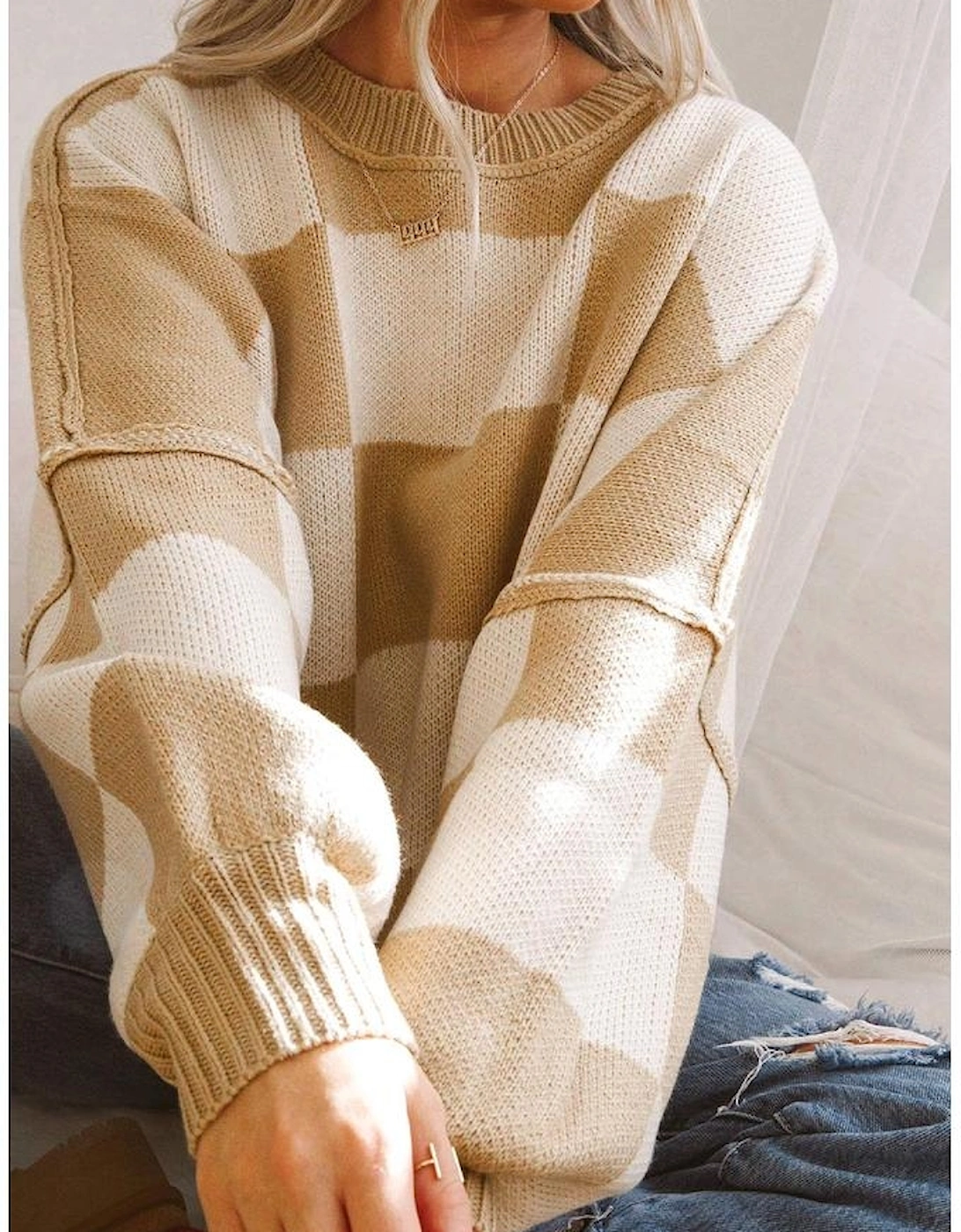 Khaki Checkered Bishop Sleeve Sweater