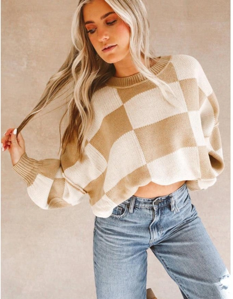 Khaki Checkered Bishop Sleeve Sweater