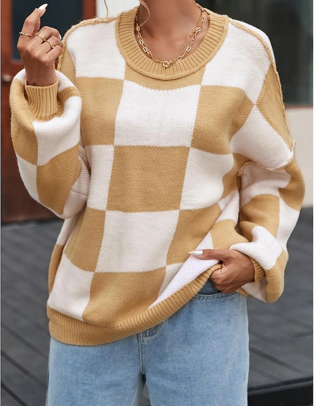 Khaki Checkered Bishop Sleeve Sweater