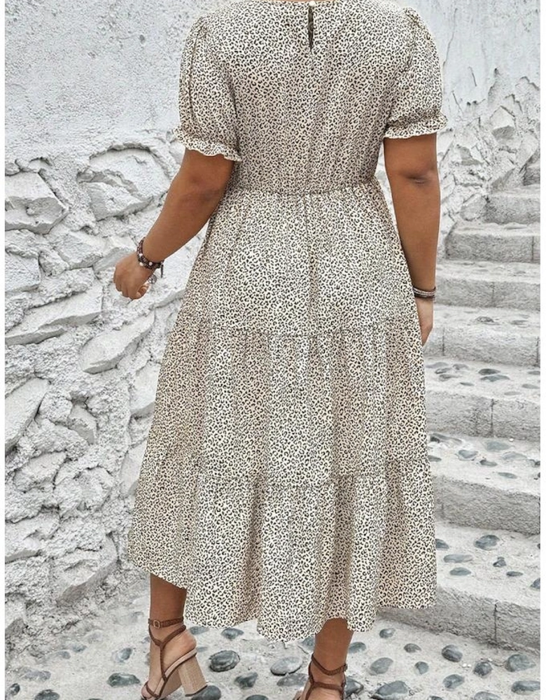 Beige Plus Size Leopard Print Frill Trim Short Sleeve Flared Dress