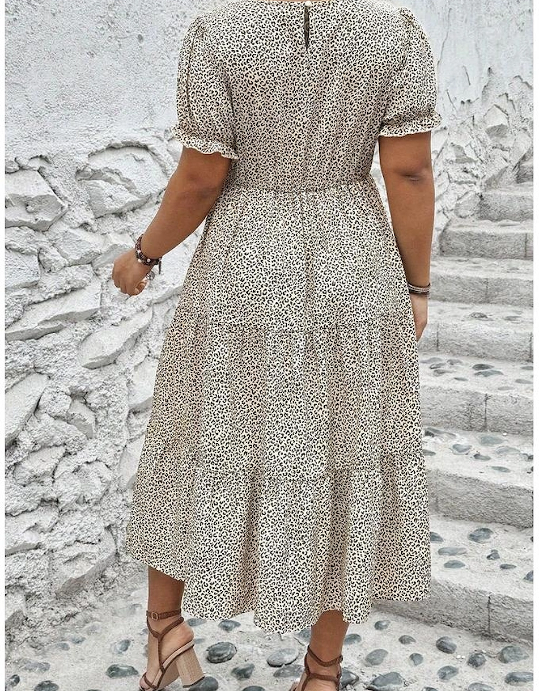 Beige Plus Size Leopard Print Frill Trim Short Sleeve Flared Dress