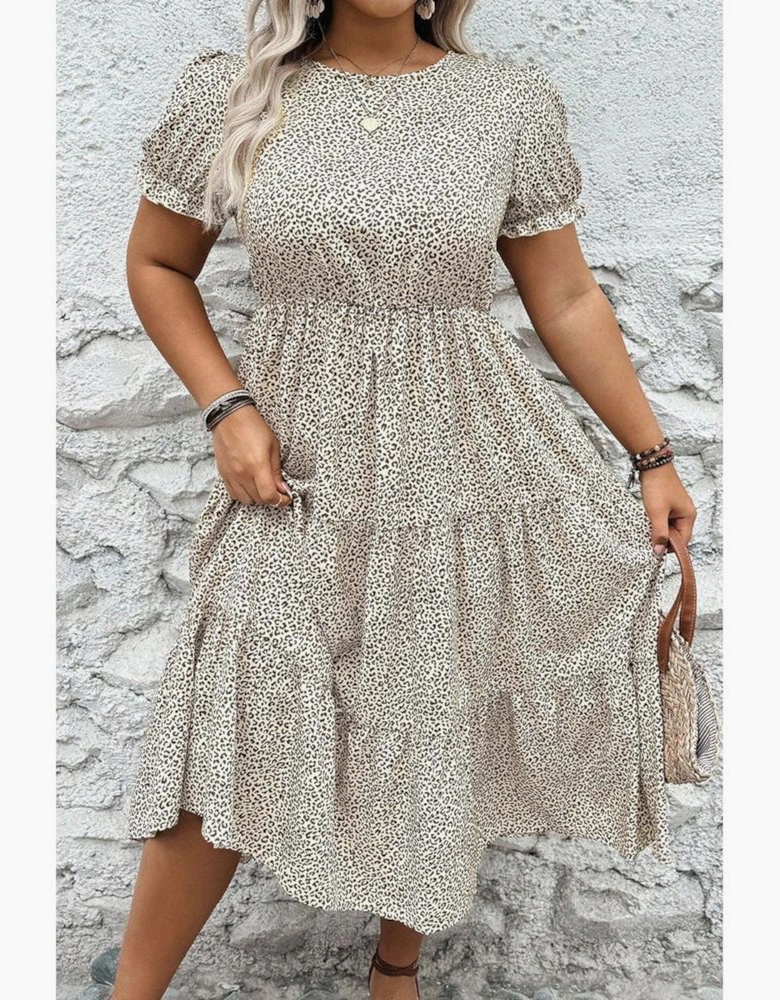 Beige Plus Size Leopard Print Frill Trim Short Sleeve Flared Dress