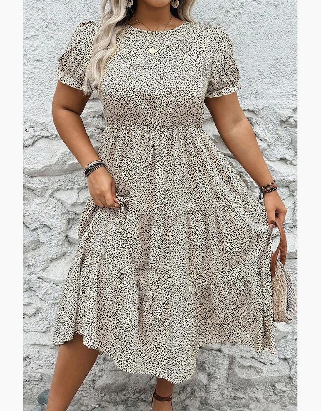 Beige Plus Size Leopard Print Frill Trim Short Sleeve Flared Dress, 6 of 5