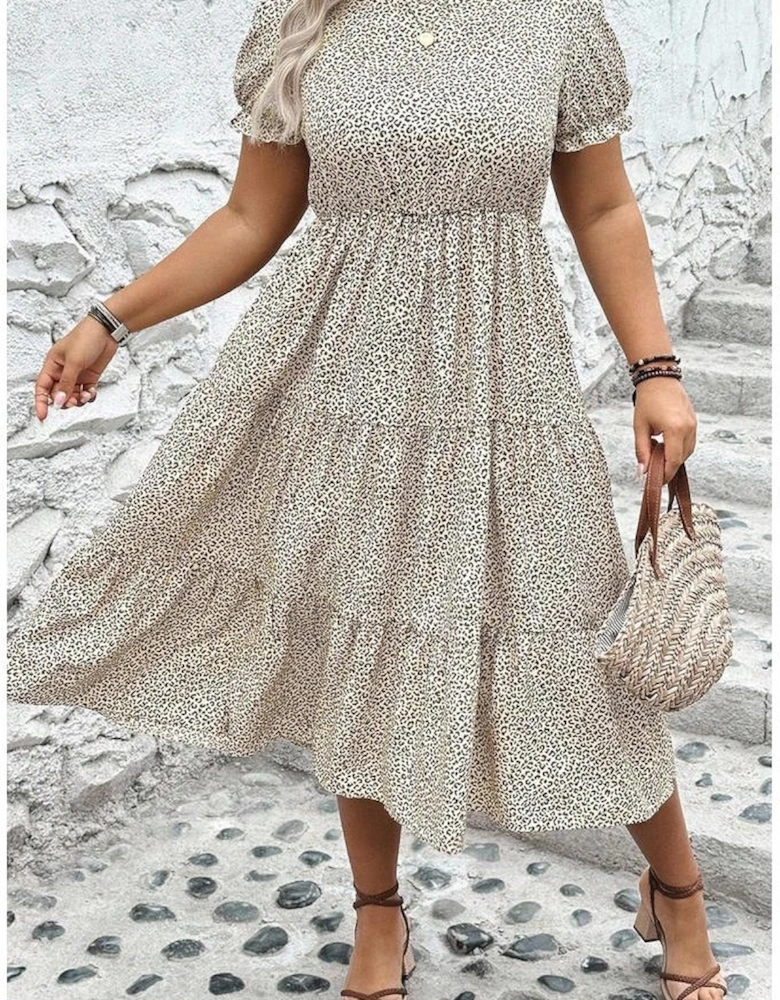 Beige Plus Size Leopard Print Frill Trim Short Sleeve Flared Dress