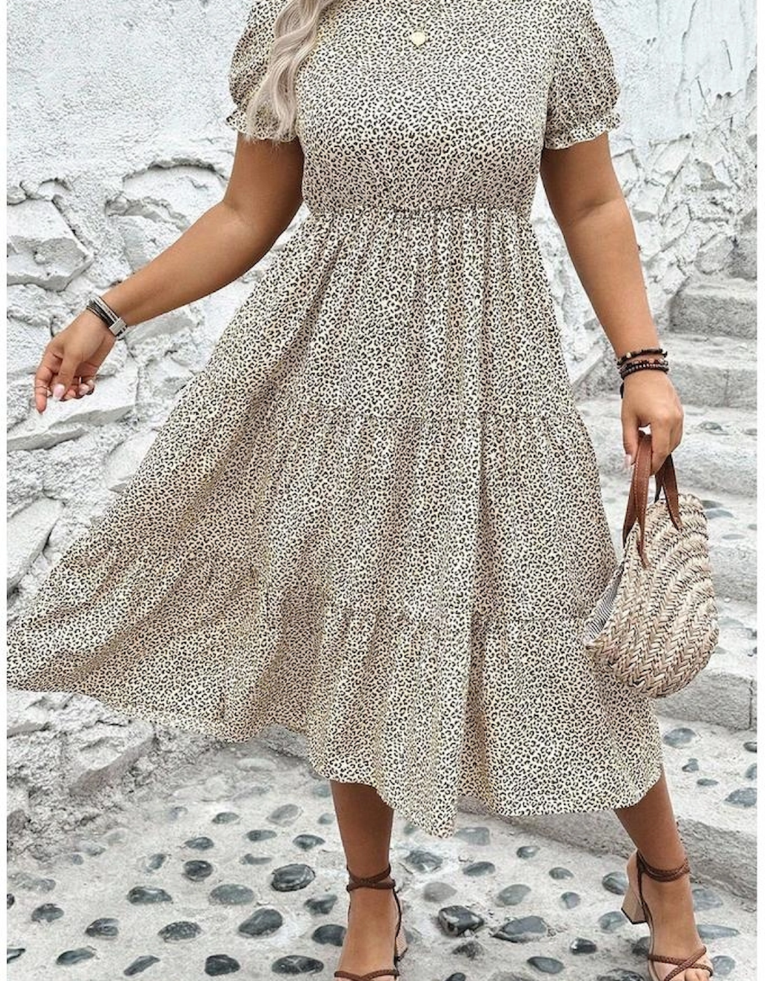 Beige Plus Size Leopard Print Frill Trim Short Sleeve Flared Dress
