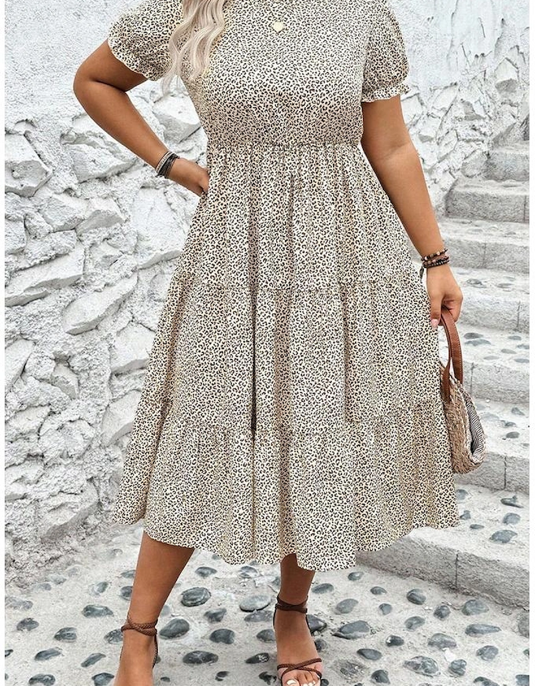 Beige Plus Size Leopard Print Frill Trim Short Sleeve Flared Dress