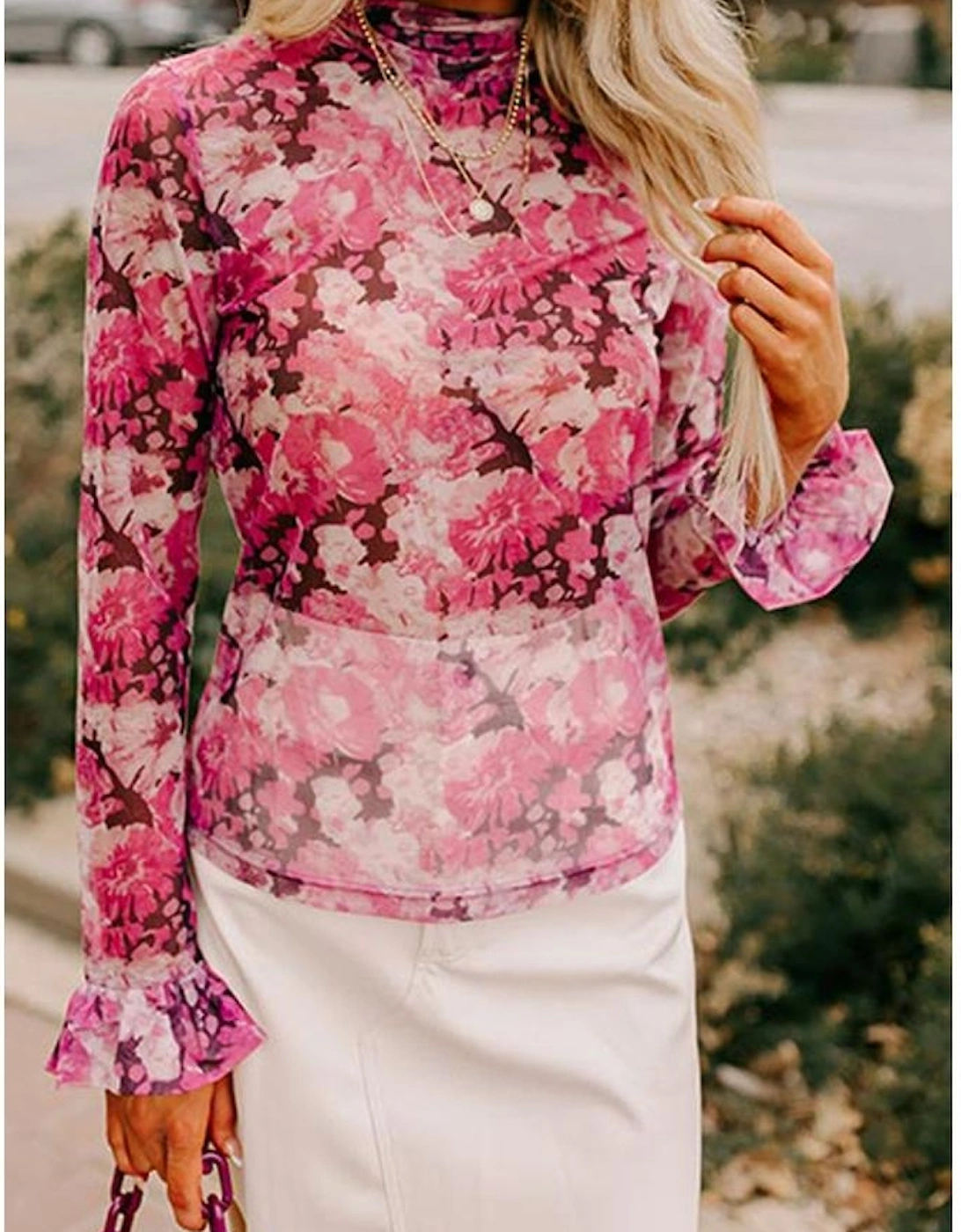 Rose Floral Mesh Flounce Sleeve Mock Neck Blouse