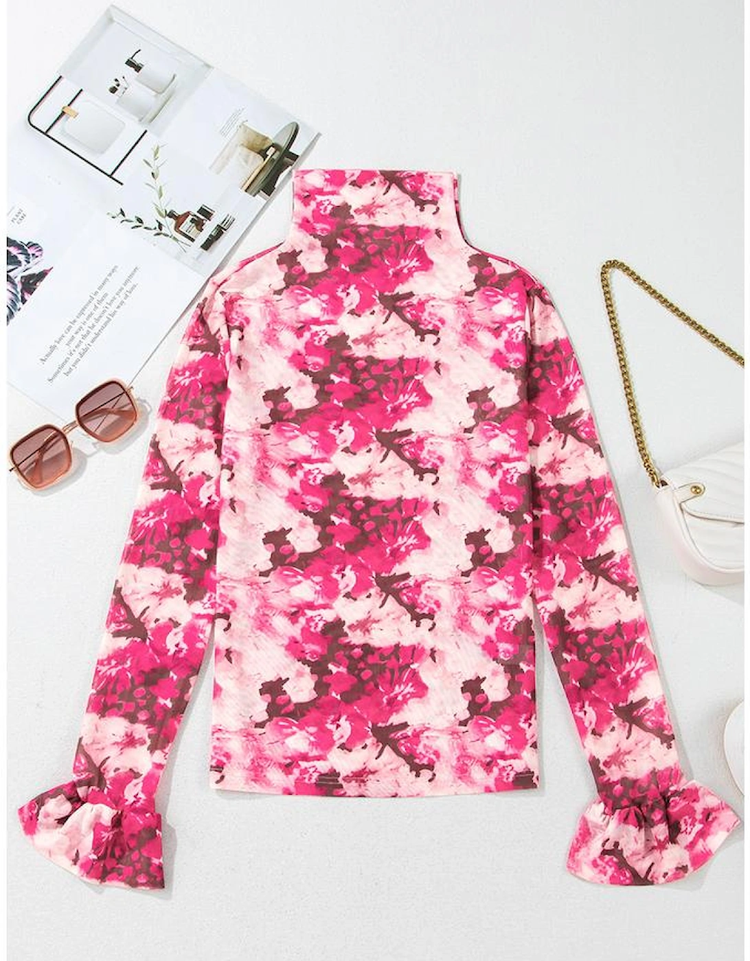 Rose Floral Mesh Flounce Sleeve Mock Neck Blouse, 13 of 12