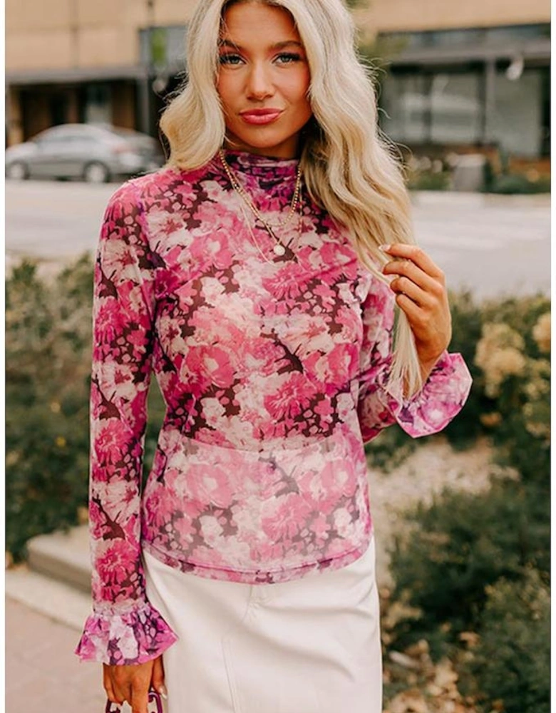 Rose Floral Mesh Flounce Sleeve Mock Neck Blouse
