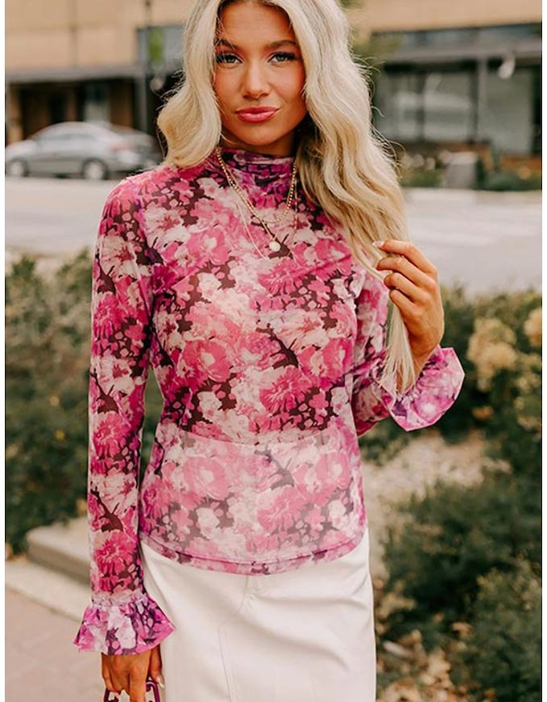 Rose Floral Mesh Flounce Sleeve Mock Neck Blouse