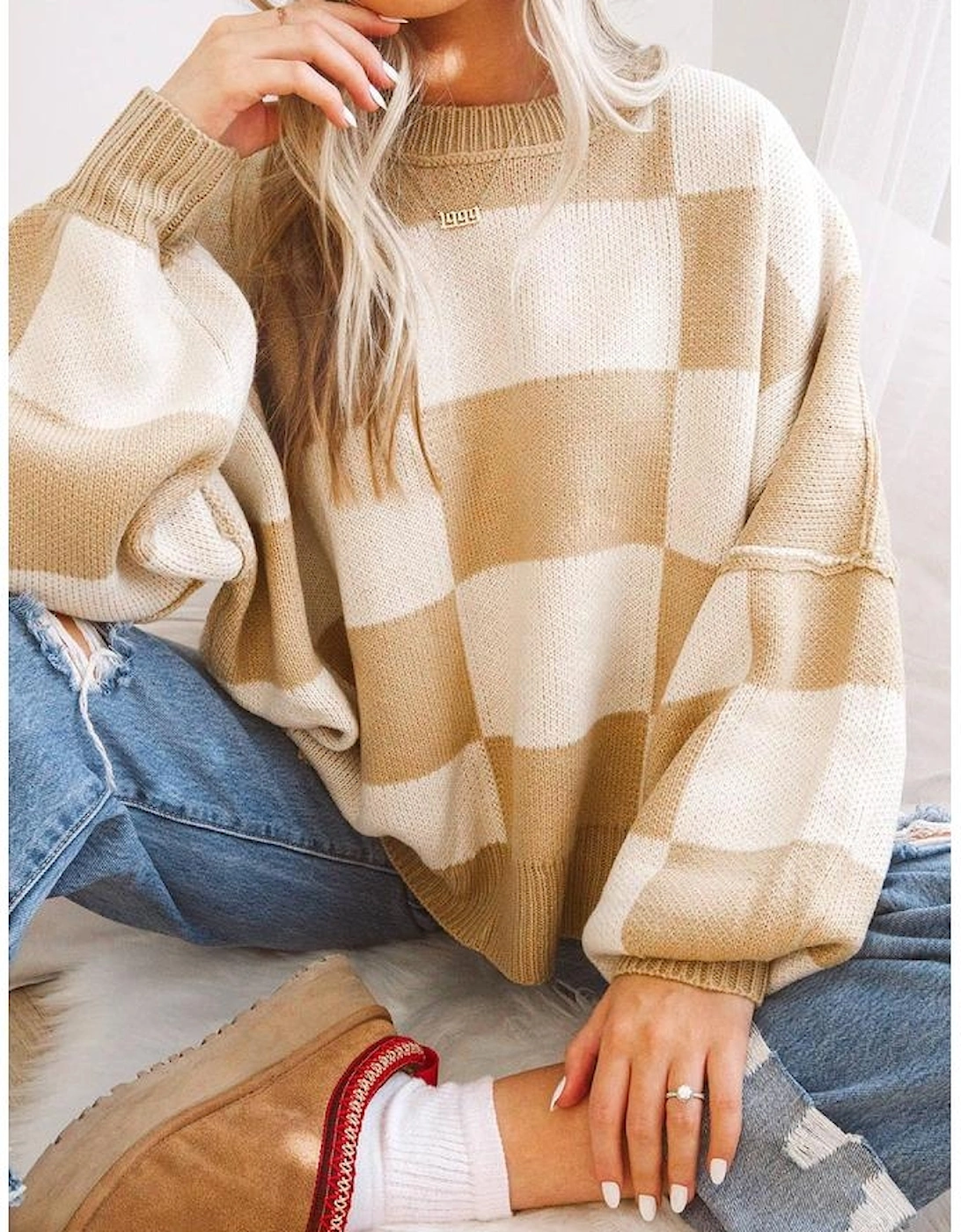 Khaki Checkered Bishop Sleeve Sweater