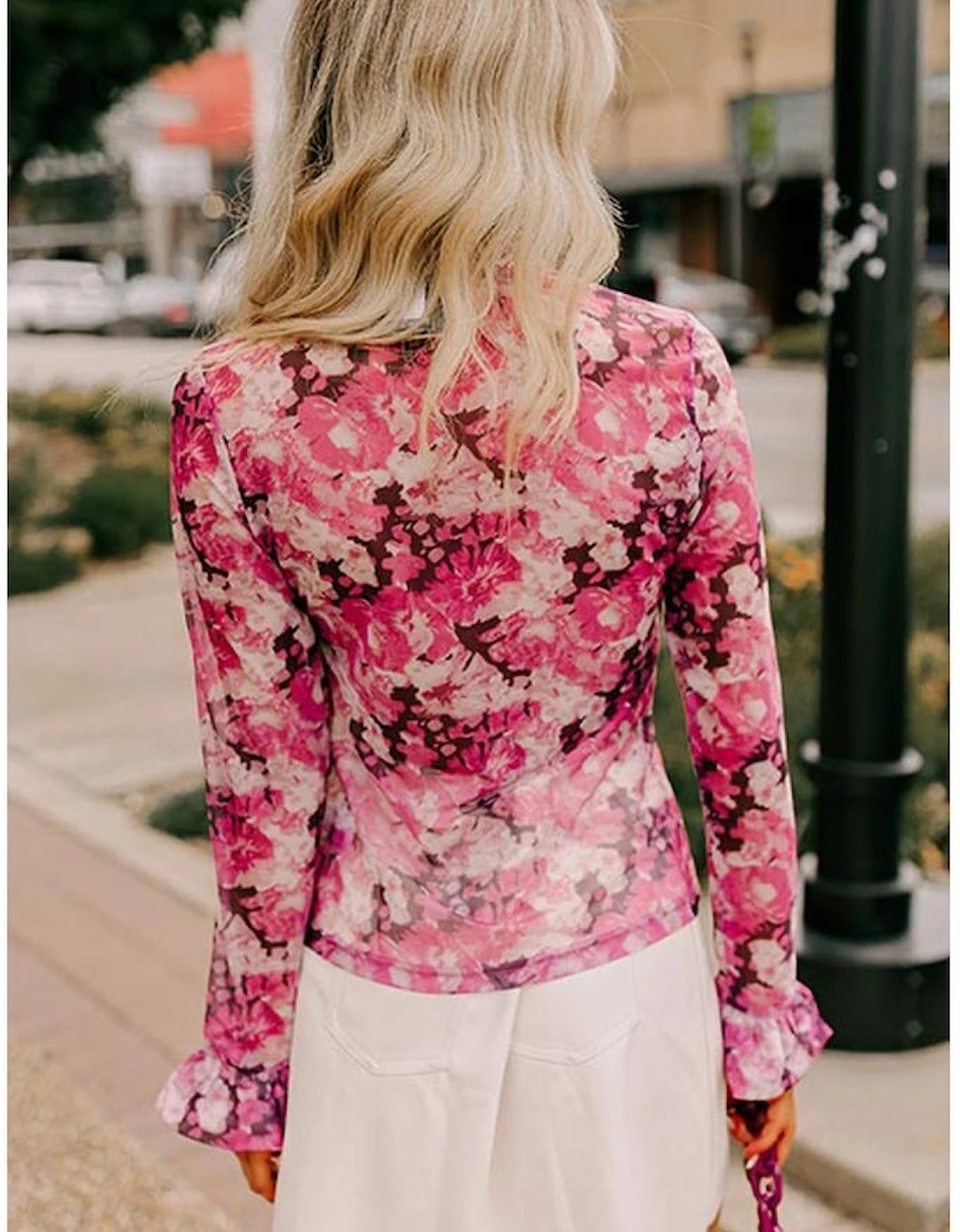 Rose Floral Mesh Flounce Sleeve Mock Neck Blouse
