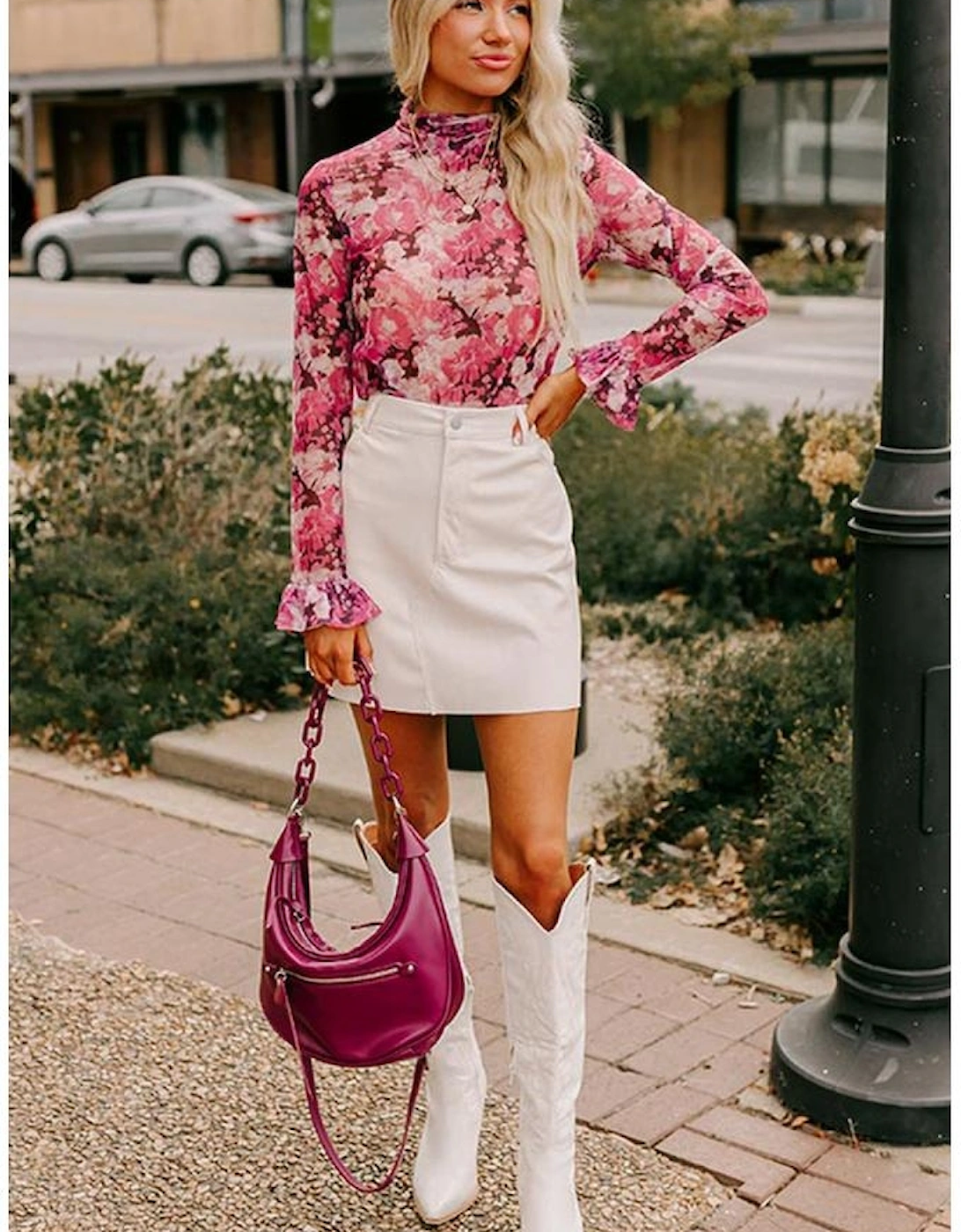 Rose Floral Mesh Flounce Sleeve Mock Neck Blouse