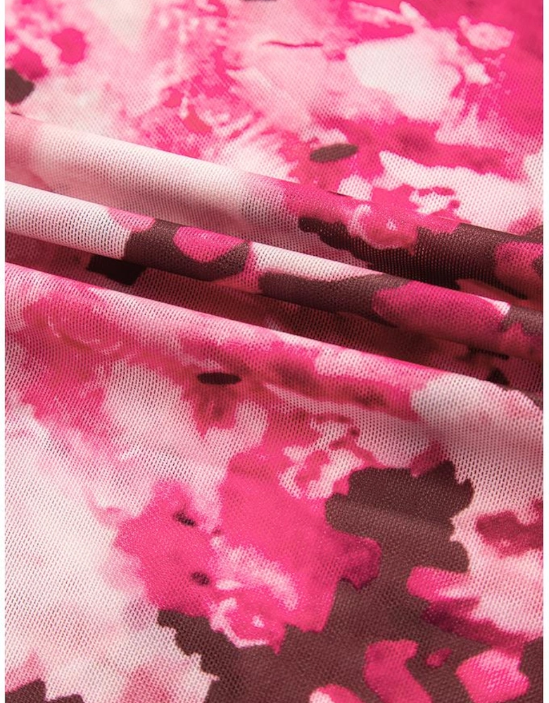 Rose Floral Mesh Flounce Sleeve Mock Neck Blouse