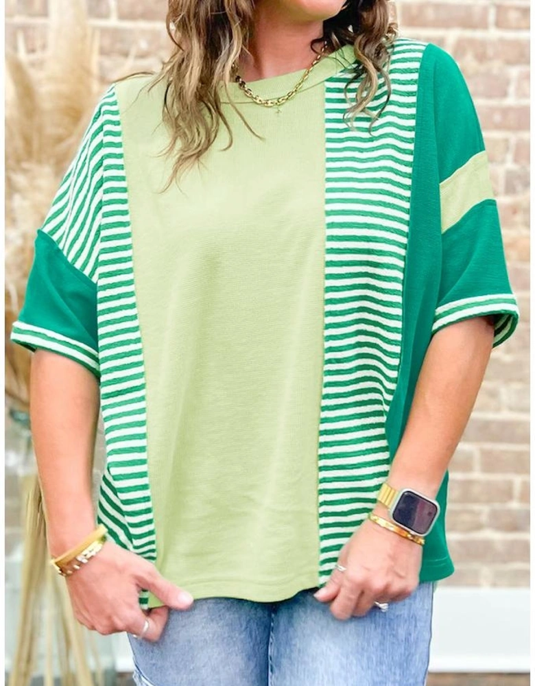 Green Stripe Patchwork Colorblock Plus Size T Shirt
