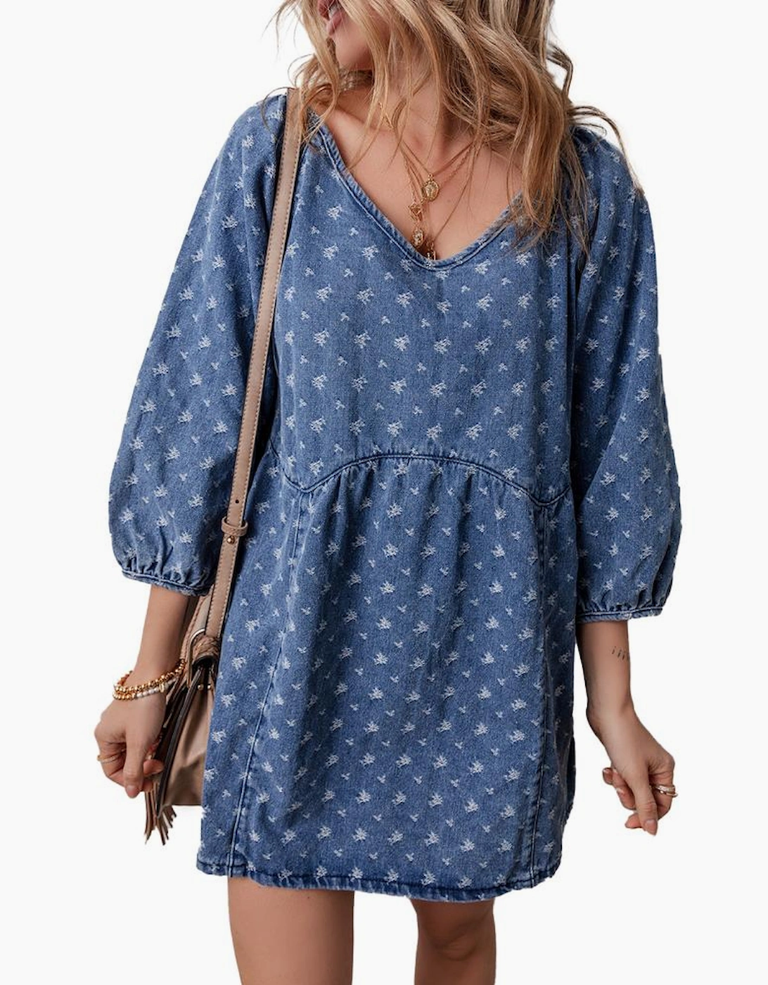 Ashleigh Blue Textured Open Back Loose Fit Denim Dress