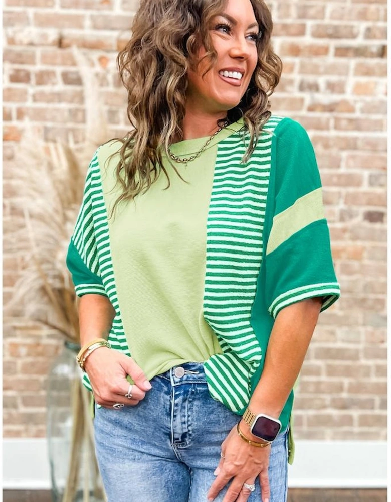 Green Stripe Patchwork Colorblock Plus Size T Shirt