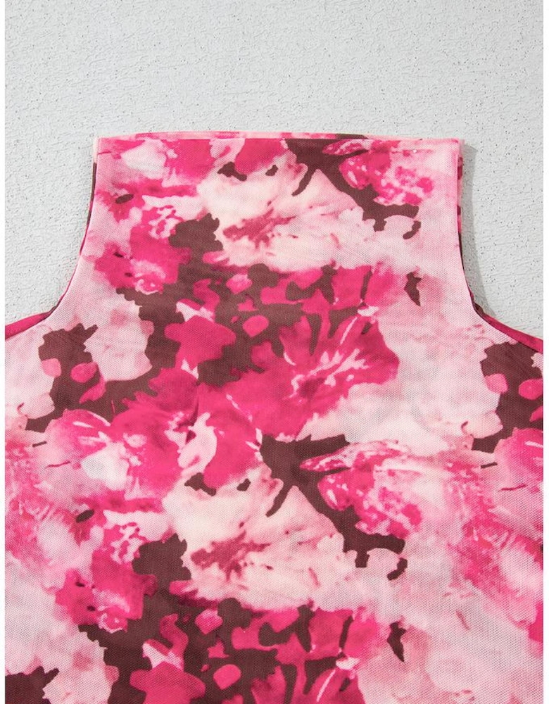 Rose Floral Mesh Flounce Sleeve Mock Neck Blouse