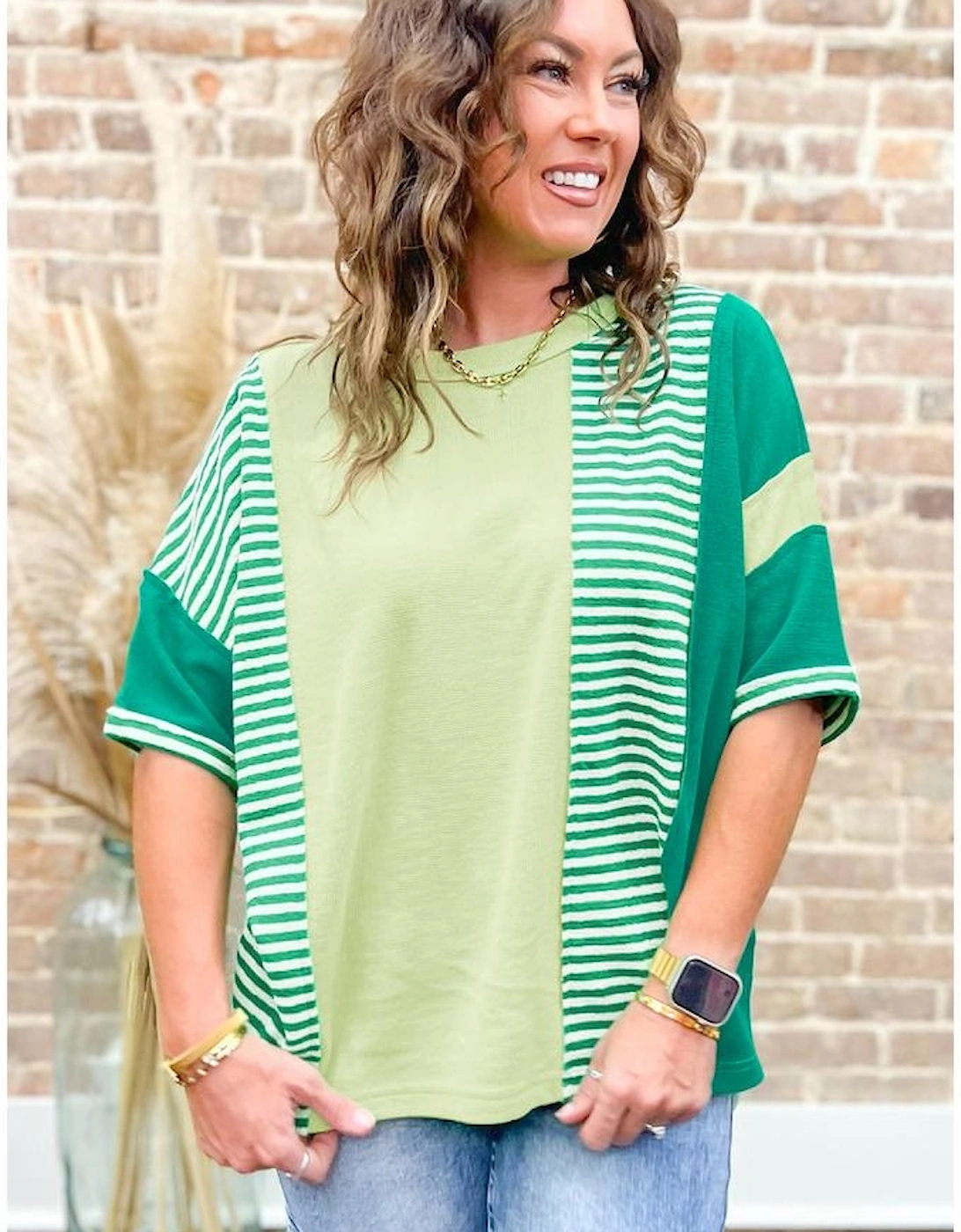 Green Stripe Patchwork Colorblock Plus Size T Shirt